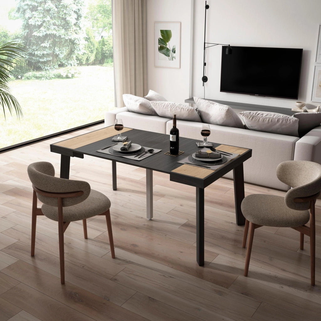 Consolle allungabile, 160x90x73cm, Per 8 persone, Gambe in legno, colore Rovere e nero RF2996