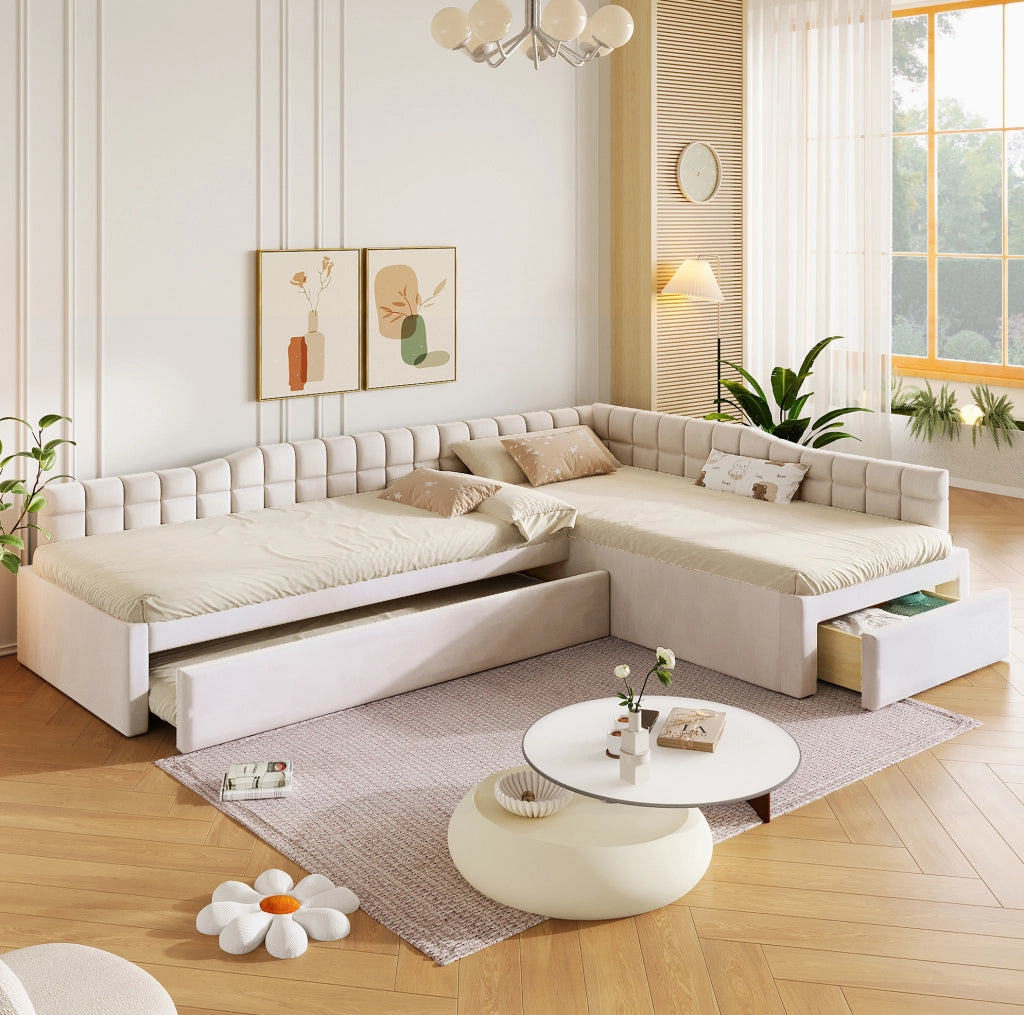 Letto a L 90x200 cm con letto estraibile e cassetti in flanella beige