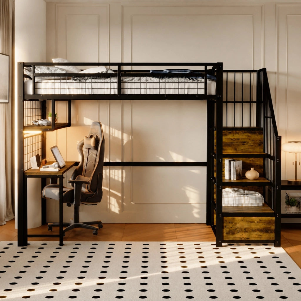 Letto a soppalco 90 × 200 cm con scrivania ripiani LED prese scala contenitore armadio in metallo nero