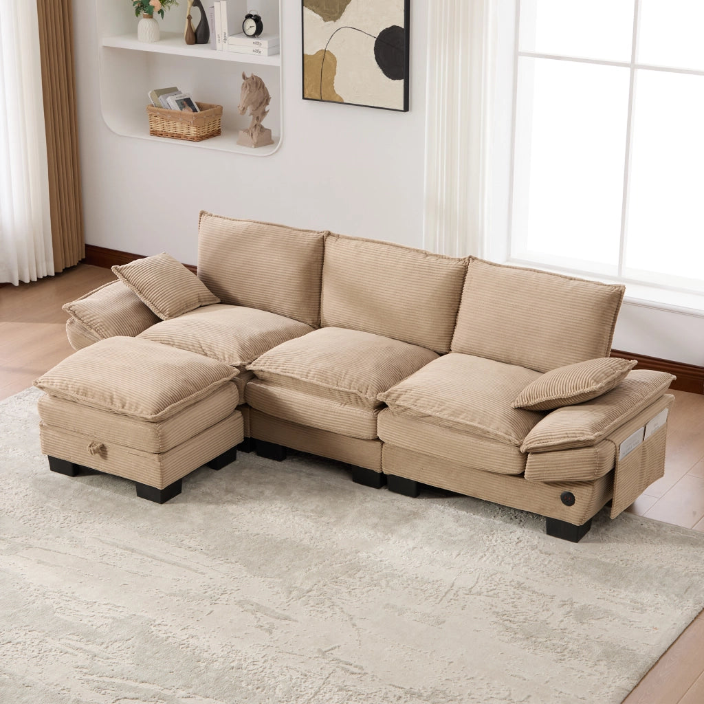 DIVANO 3 posti con pouf 260x132x84 cm in corduroy khaki con USB-C