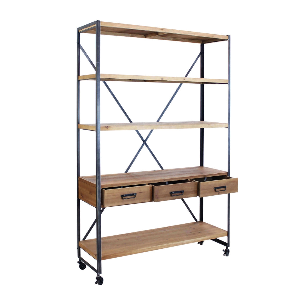 BUCK SCAFFALE A 5 RIPIANI CON 3 CASSETTI IN STILE INDUSTRIAL 114,3X46,5XC136 CM