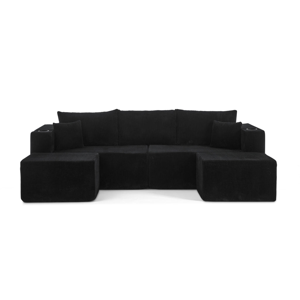 Divano ad angolo a 3 posti, design modulare, rivestimento in velluto a coste, con portabicchieri e cuscini, nero