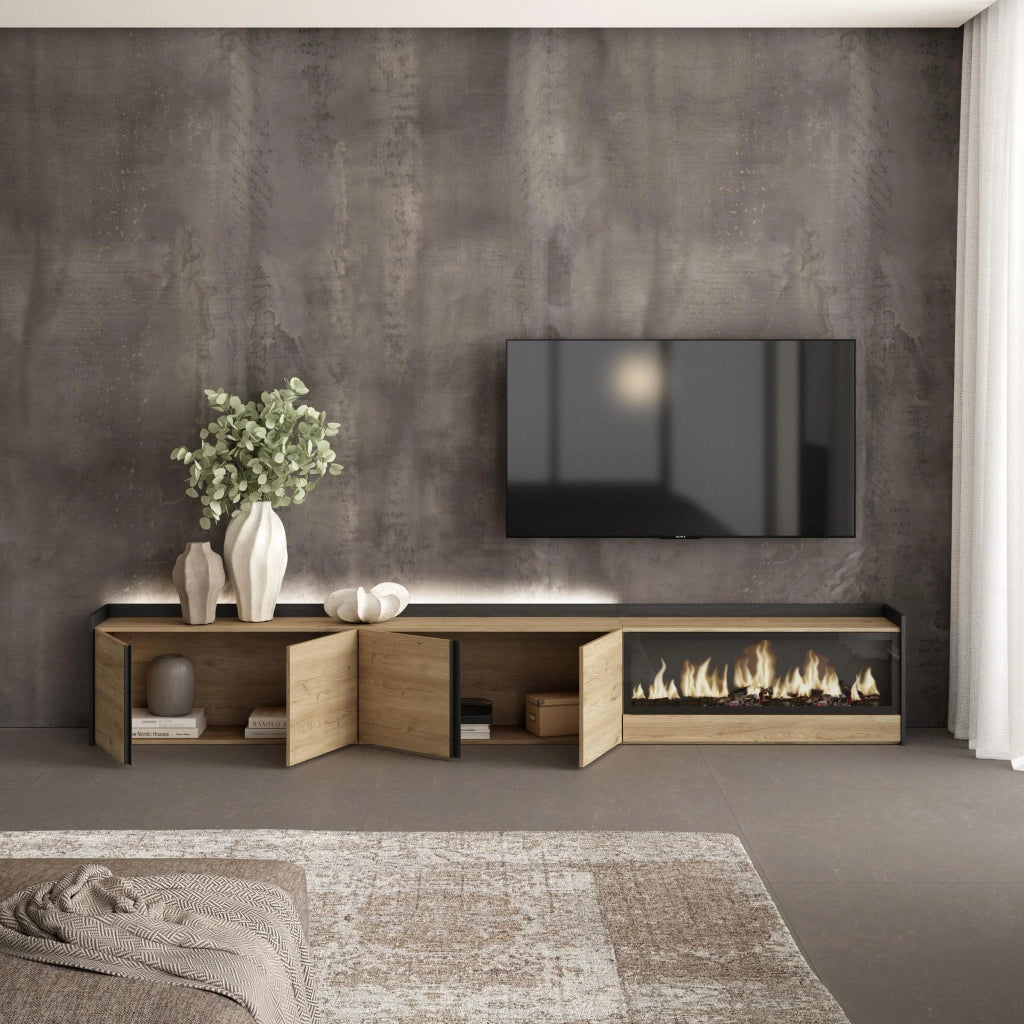 Mobile TV Soggiorno, 315x50x35 cm, Per TV fino a 80", Camino elettrico XXL, LED, Rovere e nero