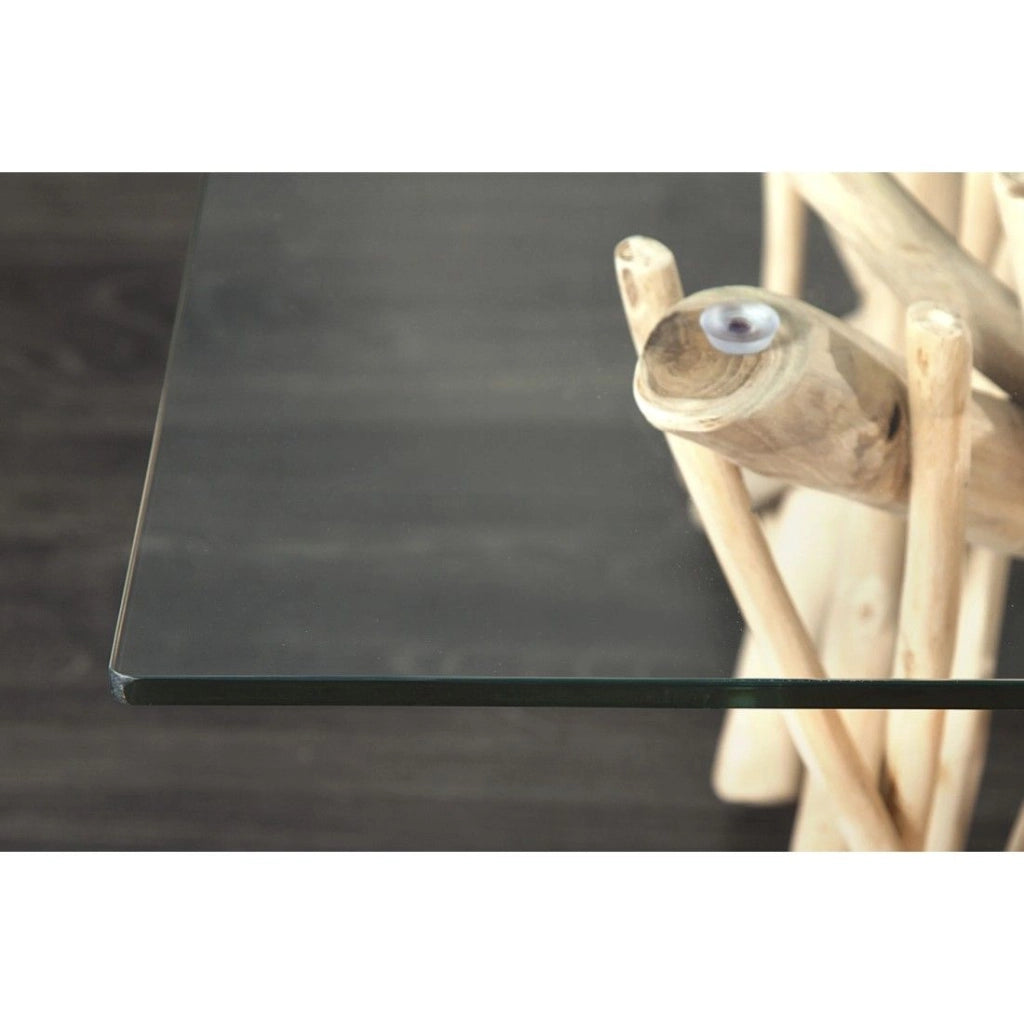 Tavolino basso WOODEN quadrato 80 cm – Tavolino design in legno di galleggiamento e vetro temperato