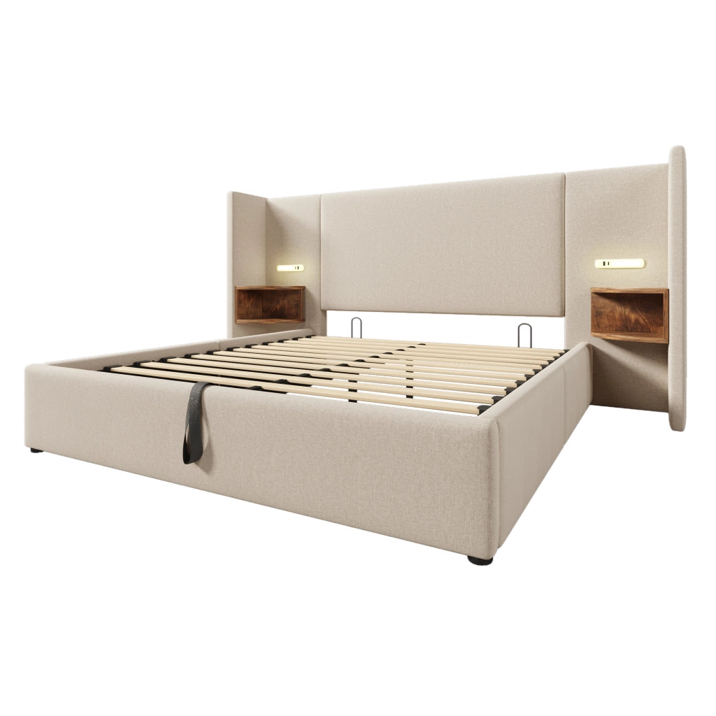 Letto matrimoniale 160x200 cm beige in lino con testiera multifunzione, luci LED, USB e contenitore