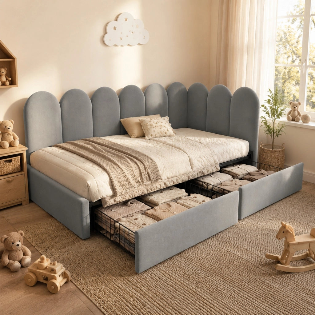 Letto singolo imbottito in velluto grigio 90x190 cm con 2 cassetti e rete a doghe