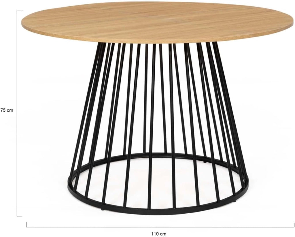 YUNA Tavolo da pranzo rotondo per 6 persone con piano in legno e gamba in filo metallico nero 110 cm