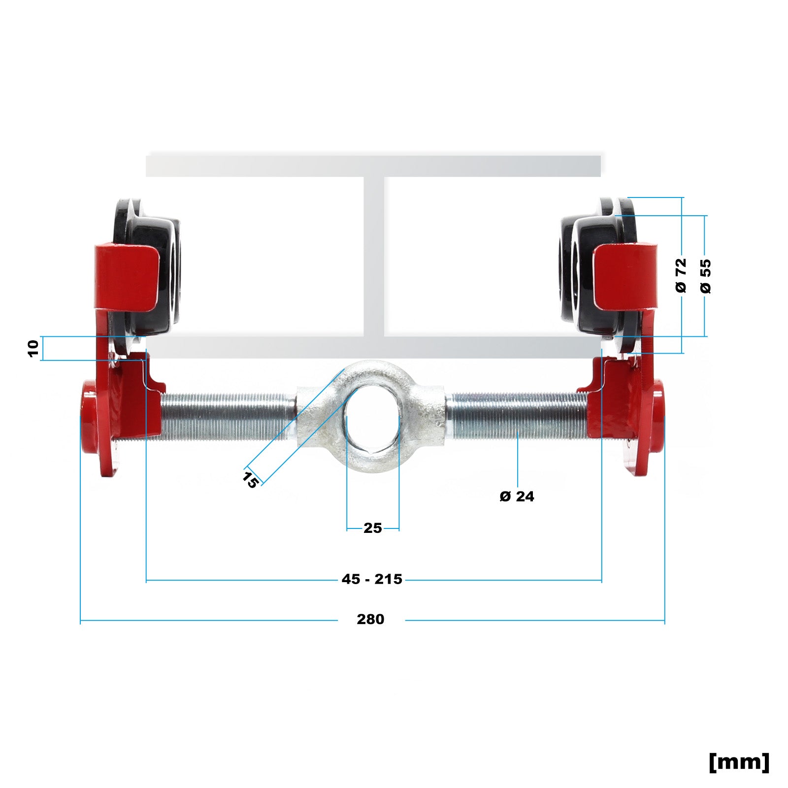 Carrello porta paranco a spinta Portata 500 kg Larghezza flangia 45-220 mm regolabile in continuo