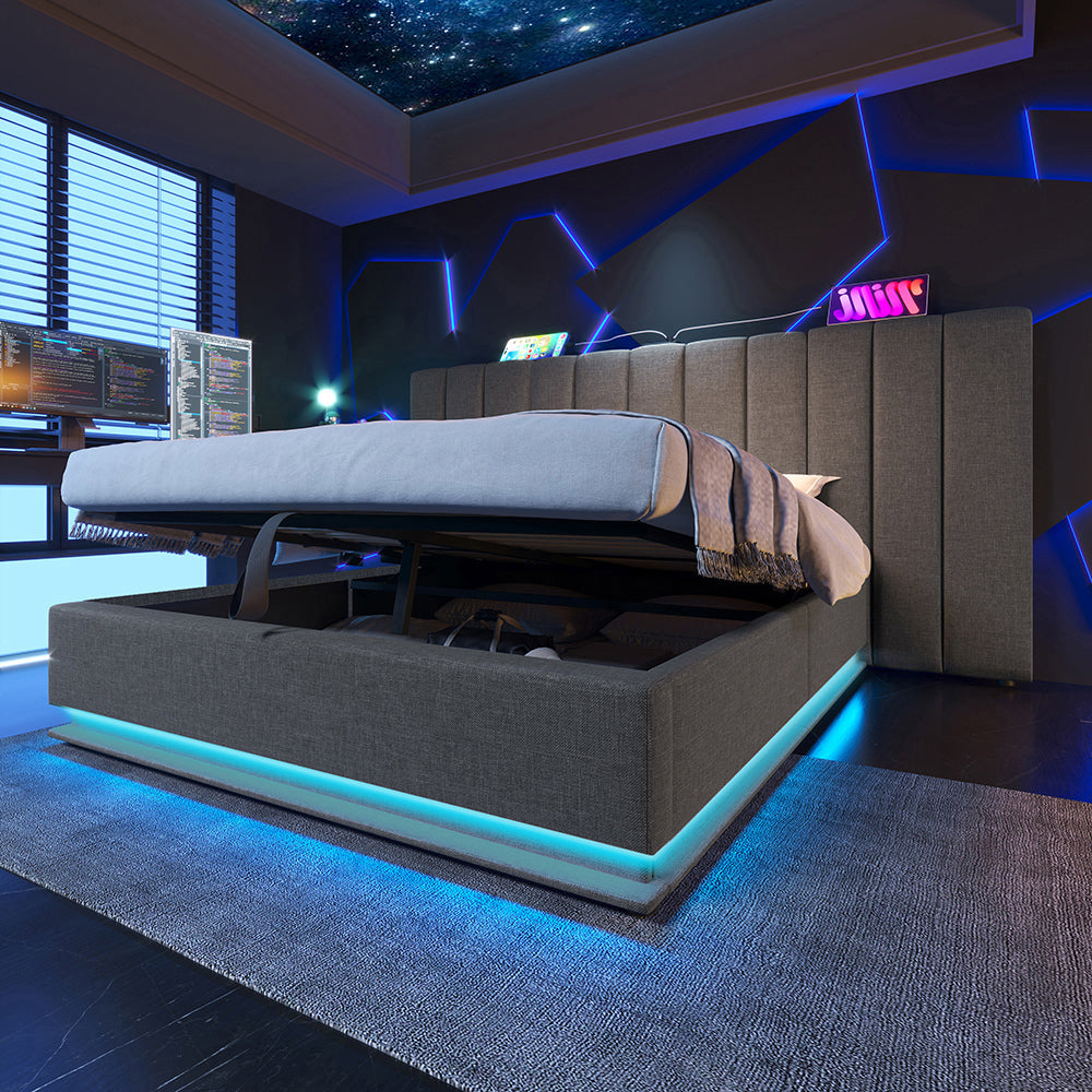 Letto imbottito con Coffre - Xylo - 160x200 cm - Grigio Lino - Controllo App LED e USB-C