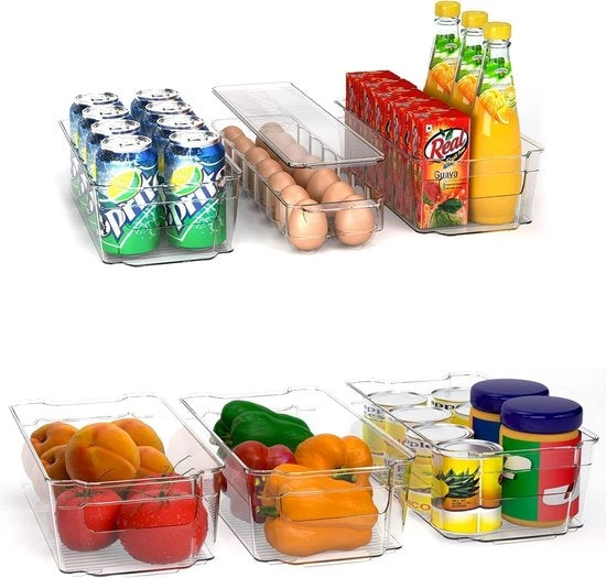 Set di 6 contenitori per la cucina - 1 contenitore per uova e 5 contenitori organizzatori, trasparente, per l'archiviazione in frigorifero, cucina, bagni, armadi e superfici di lavoro.