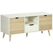 Mobile TV Moderno max 50" in Truciolato con Cassetti, Ripiani Aperti e Armadietti, 110x40x50 cm, Bianco e Colore Legno