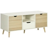 Mobile TV Moderno max 50" in Truciolato con Cassetti, Ripiani Aperti e Armadietti, 110x40x50 cm, Bianco e Colore Legno