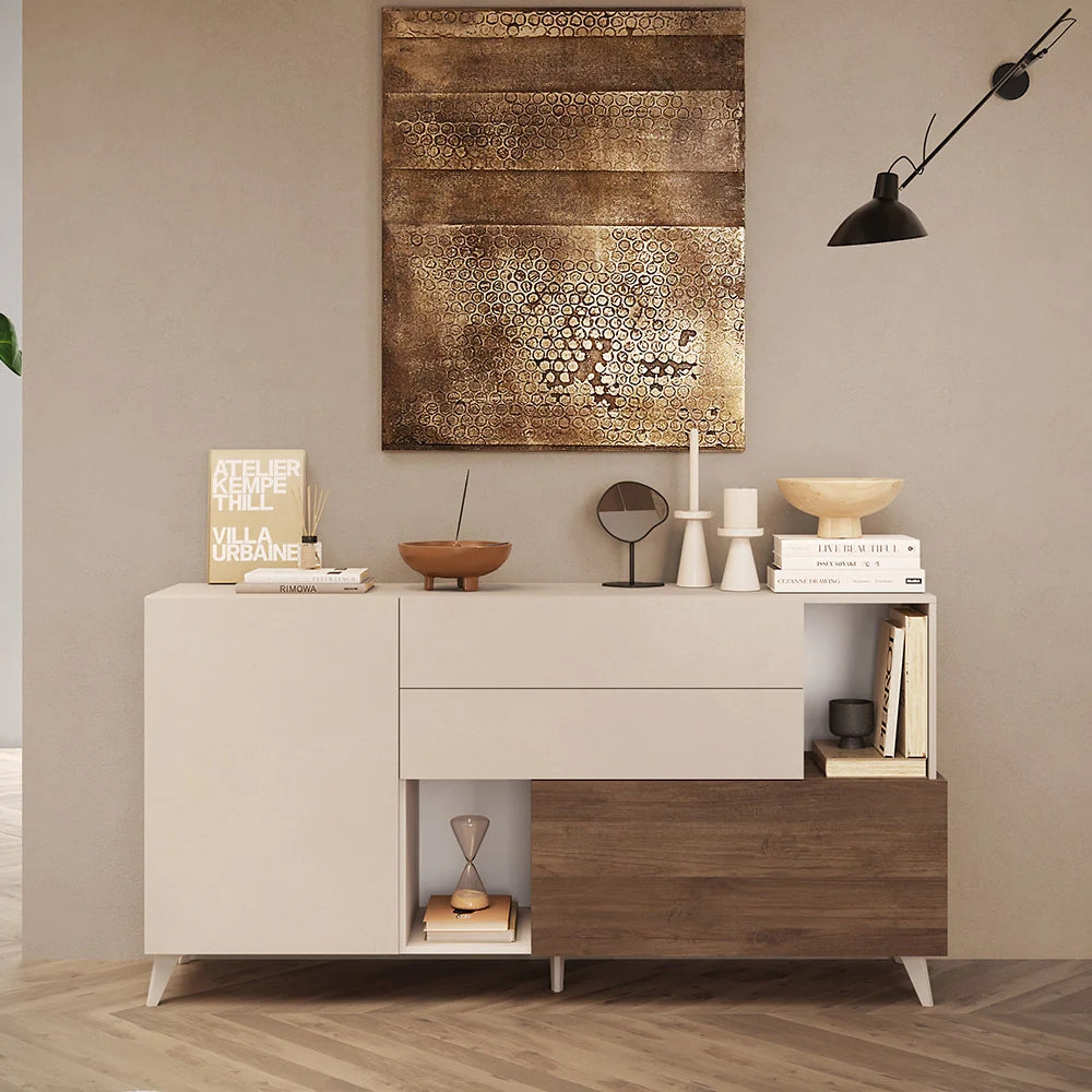 Madia 1 anta, 2 cassetti e 2 vani Linea MONACO L 181 x H 94 x P 42, realizzata in legno 100% MADE IN ITALY, design moderno per cucina, sala da pranzo, soggiorno colore Cashmere/Mercure