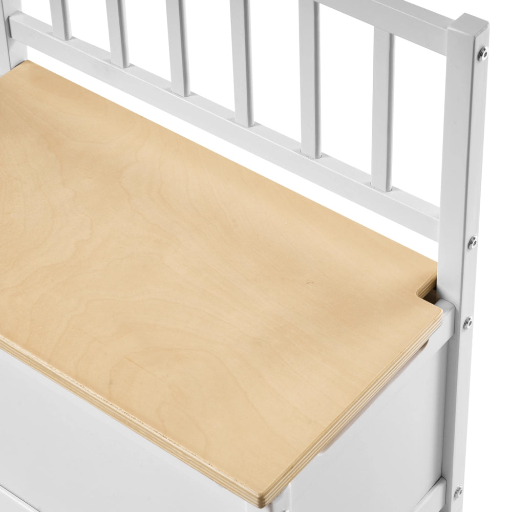 Panca contenitore per camera bambini in compensato di pino bianco e marrone chiaro, stile scandinavo per bambini