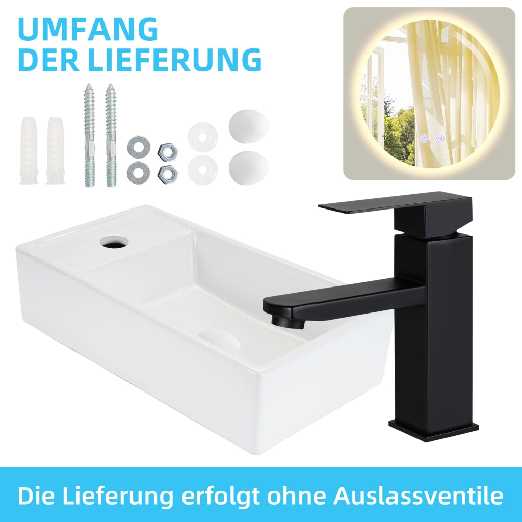 ZMH Lavabo da appoggio rettangolare in ceramica 40x22x10cm bianco lucido
