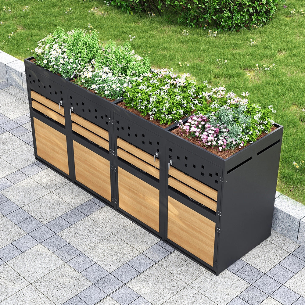 Box per rifiuti 4 posti con tetto vegetale - Xylo - 120-240 litri - Colore antracite - Porta in legno, estensibile