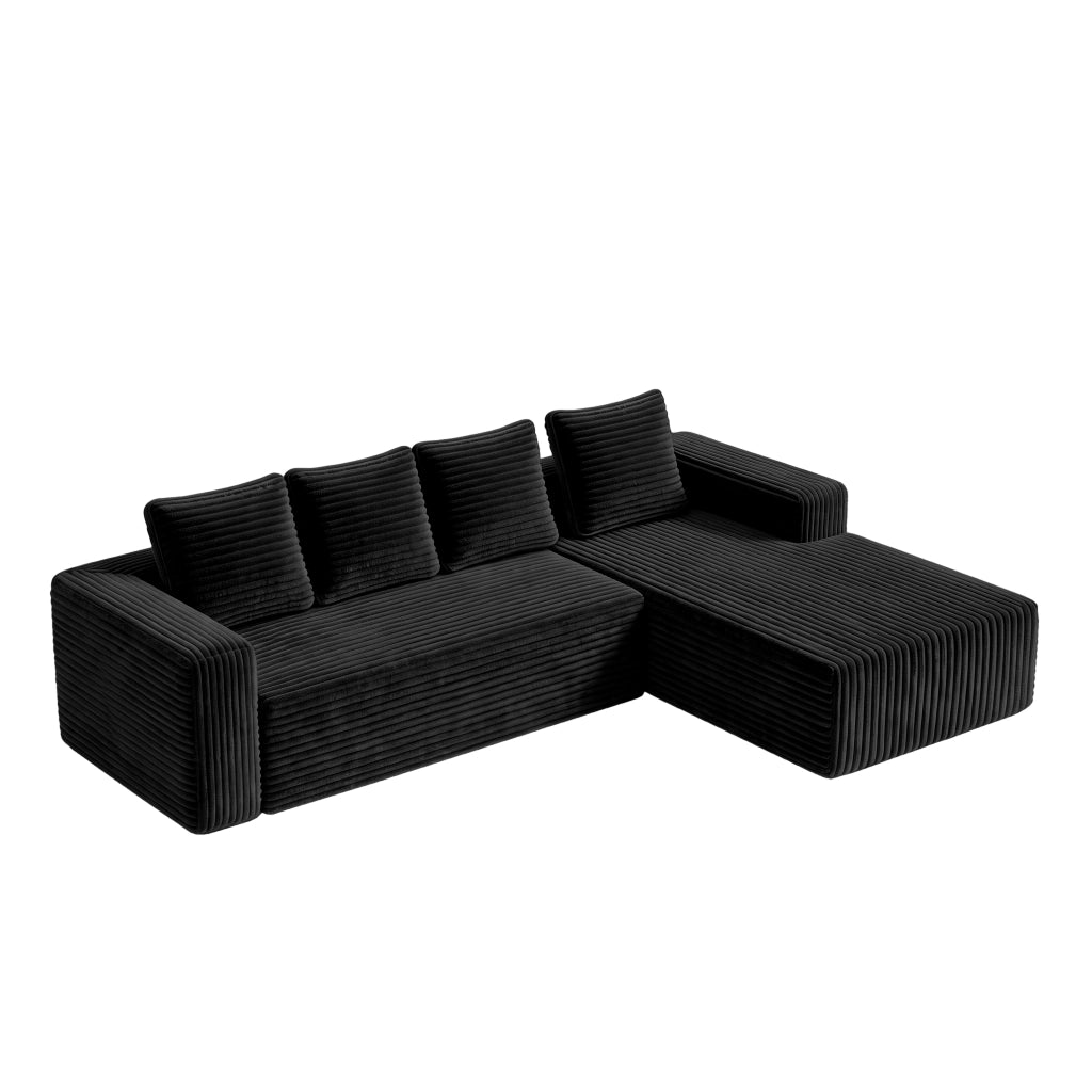 Divano ad angolo, divano a L, con poltrona reclinabile a destra, design modulare, 4 cuscini, pronto all’uso, nero