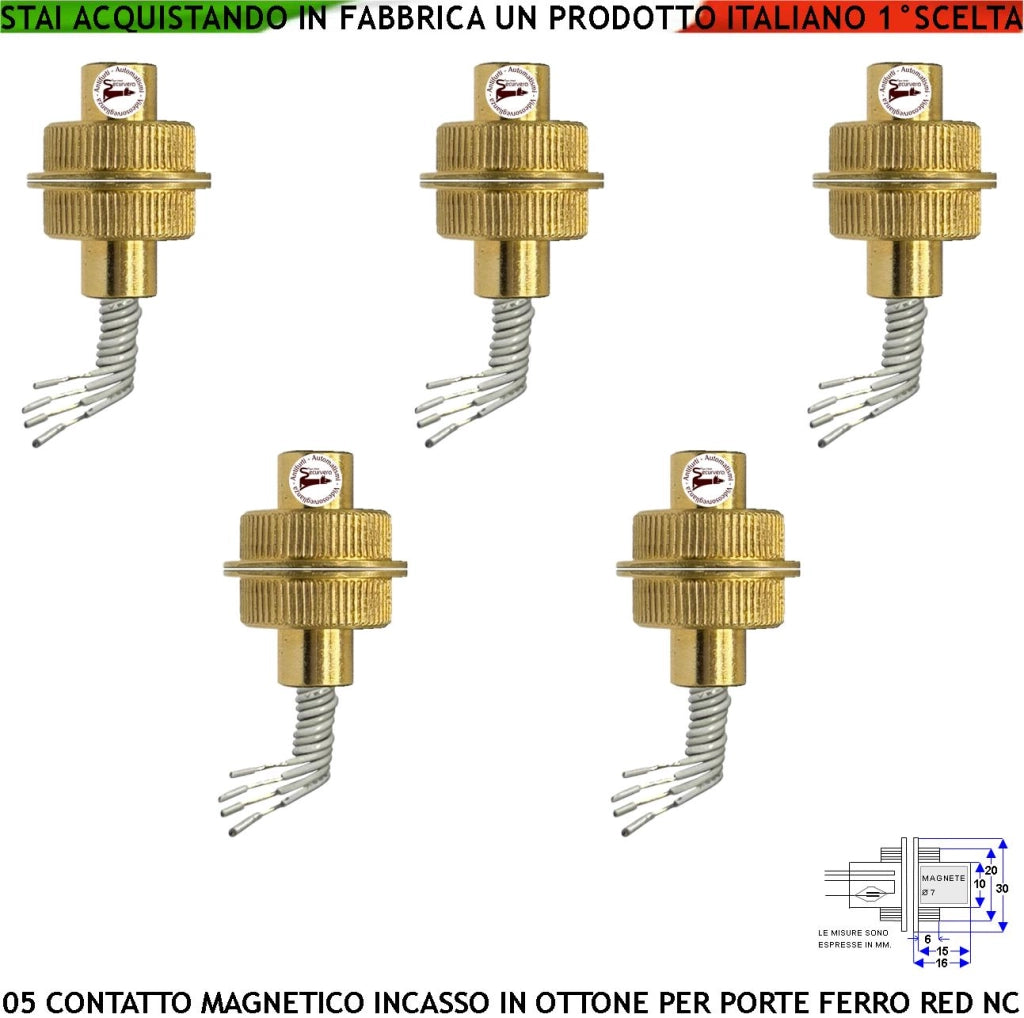 Sensore Magnetico Blindato Cilindrico in Ottone da Incasso 5 Pezzi Allarme Apertura Porta Ferro o Cancello Antifurto Contatto Reed Campo 20 mm 4 Fili 2 NA 2 Tamper Max 30 V 10 W Fissaggio Incasso IP65