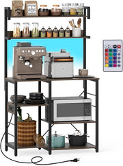 Scaffale da Cucina con Multipresa, Supporto per Microonde a 5 Ripiani con Luci LED, Mensole Portaoggetti, Scaffale Multifunzionale per Cucina Soggiorno Bar, 90 x 40,5 x 147 cm