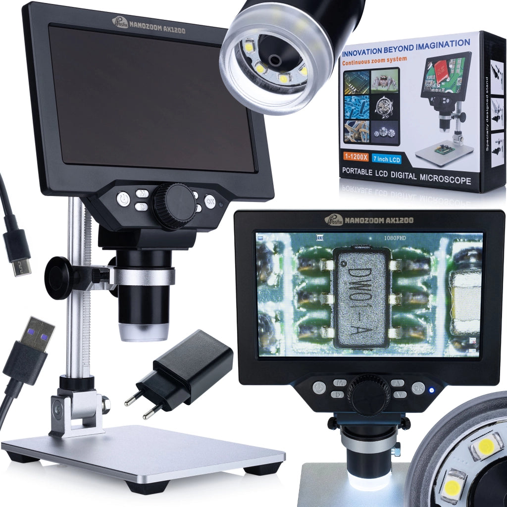 Mikroscopio Digitale LCD 7" Rosfix NanoZoom AX1200 – Ingrandimento 1200x | 12MP | Full HD 1080p | LED | USB | microSD
