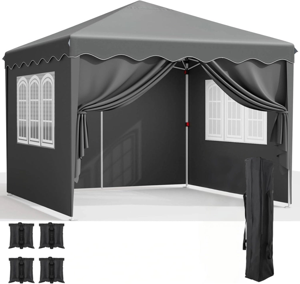 Gazebo 3x3, Tenda de Giardino, Gazebi Pieghevole con Oxford 420D, Pergola Impermeabile, Fête Tente Regolabile in Altezza, Protezione UV 50+, per Spiaggia, Cortile, Giardino, Grigio Scuro