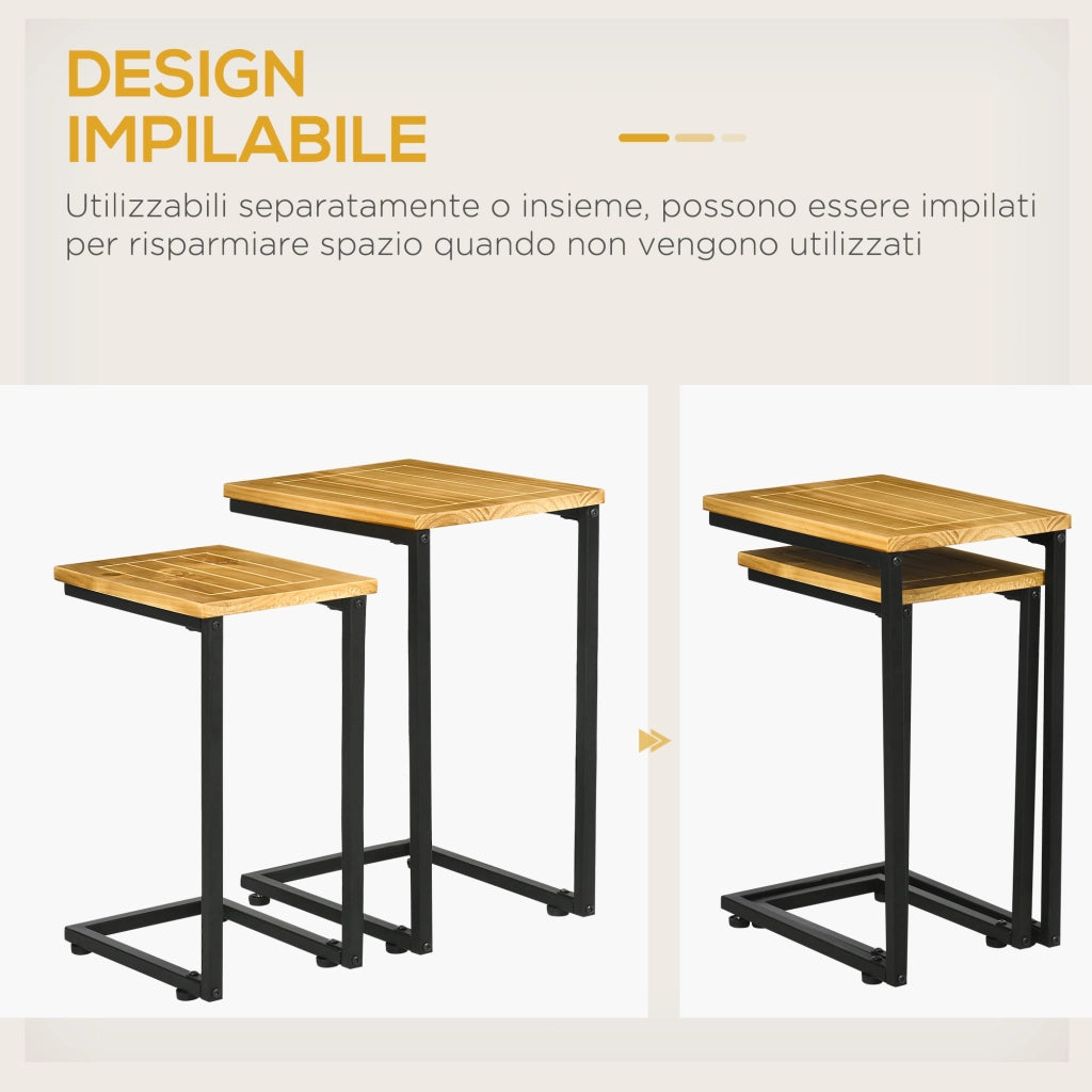 Easycomfort Set 2 Tavolini da Giardino a C in Metallo e Legno di Pino con Design Impilabile, 40x30x60 cm