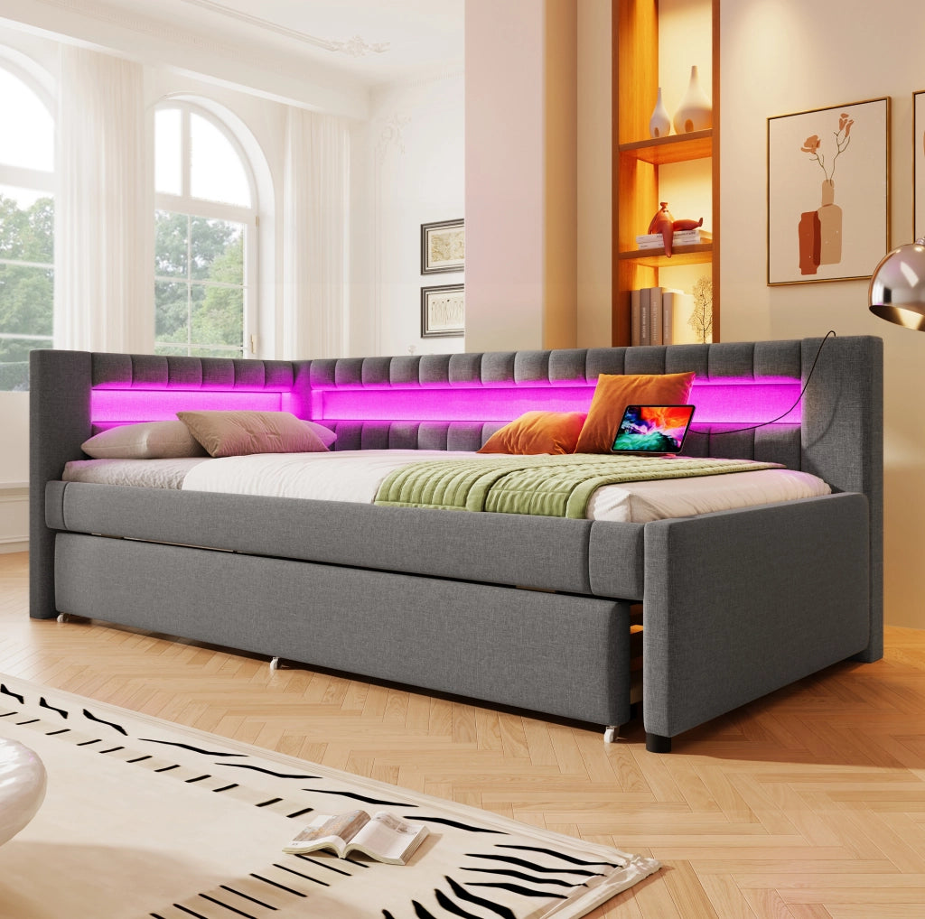 Divano letto 90x200 cm grigio con letto estraibile, LED, USB e Type-C