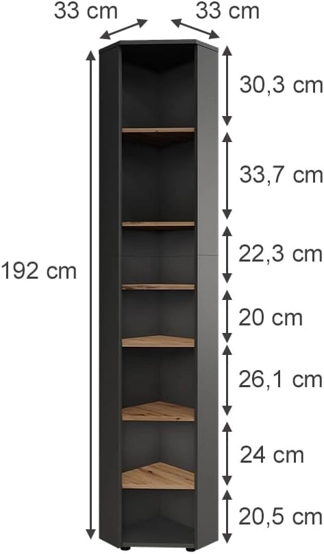 Mobile alto ad angolo Irma, Antracite/Artisan, 33 x 192 cm 7 scomparti