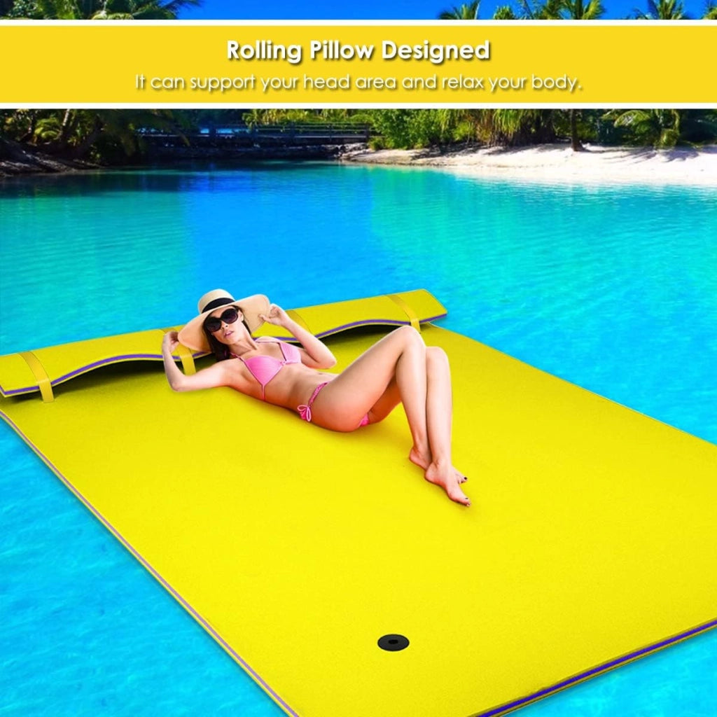 Tappeto Galleggiante per Piscina e Mare, 270 x 180 cm, Materassino Galleggiante in Schiuma per Rilassarsi e Divertirsi, Con Cuscino per la Testa (Giallo 270 x 180 cm)