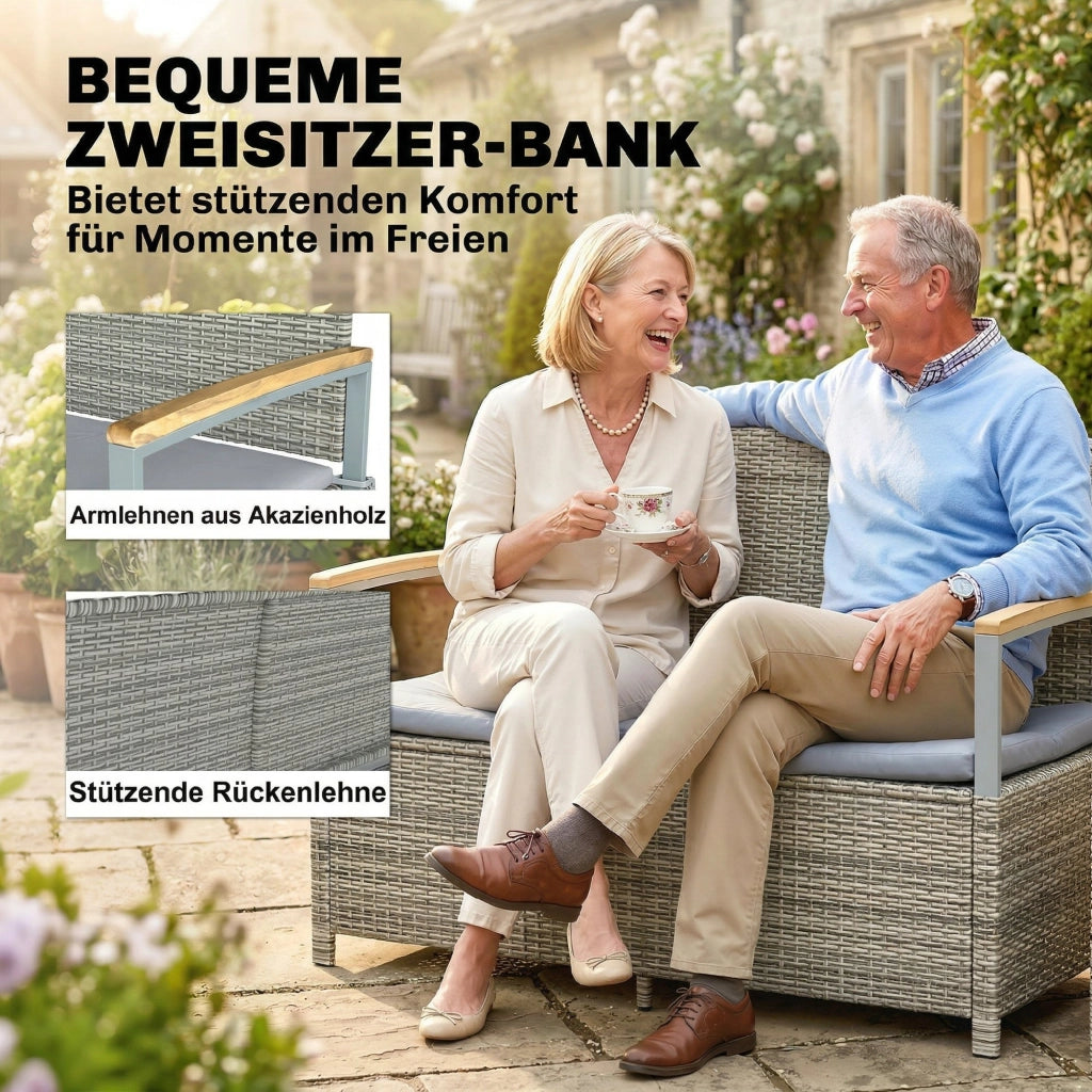 Panchina Giardino Polyrattan 2 Posti con Cuscini e Braccioli Legno ¨C Zephmum ¨C 170L