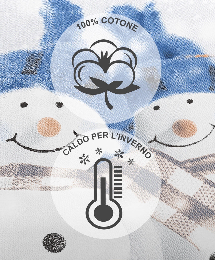 Completo Letto in Flanella Calda e Morbida Anti Pilling - Set Flanellato 3 Misure parure con Federe - SnowMan Blu - 1 Piazza e mezza