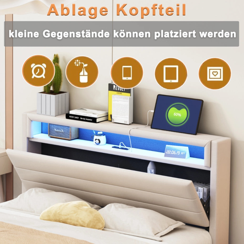 OKWISH Letto Contenitore 160×200 cm, Letto Matrimoniale con USB, LED Regolabile e Testiera Reversibile, senza Materasso, in Tessuto, Beige