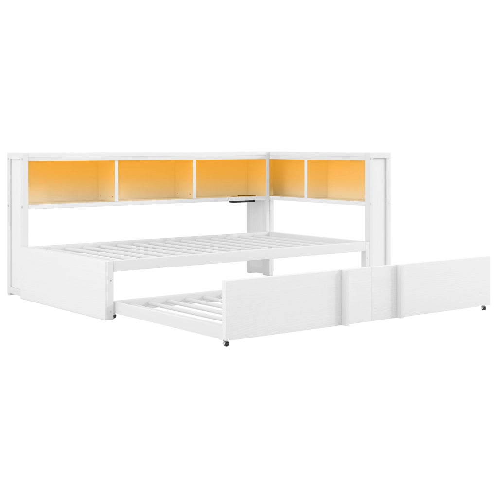 Divano letto in metallo e MDF 90x200 cm con letto estraibile, LED, USB e vani contenitore, bianco