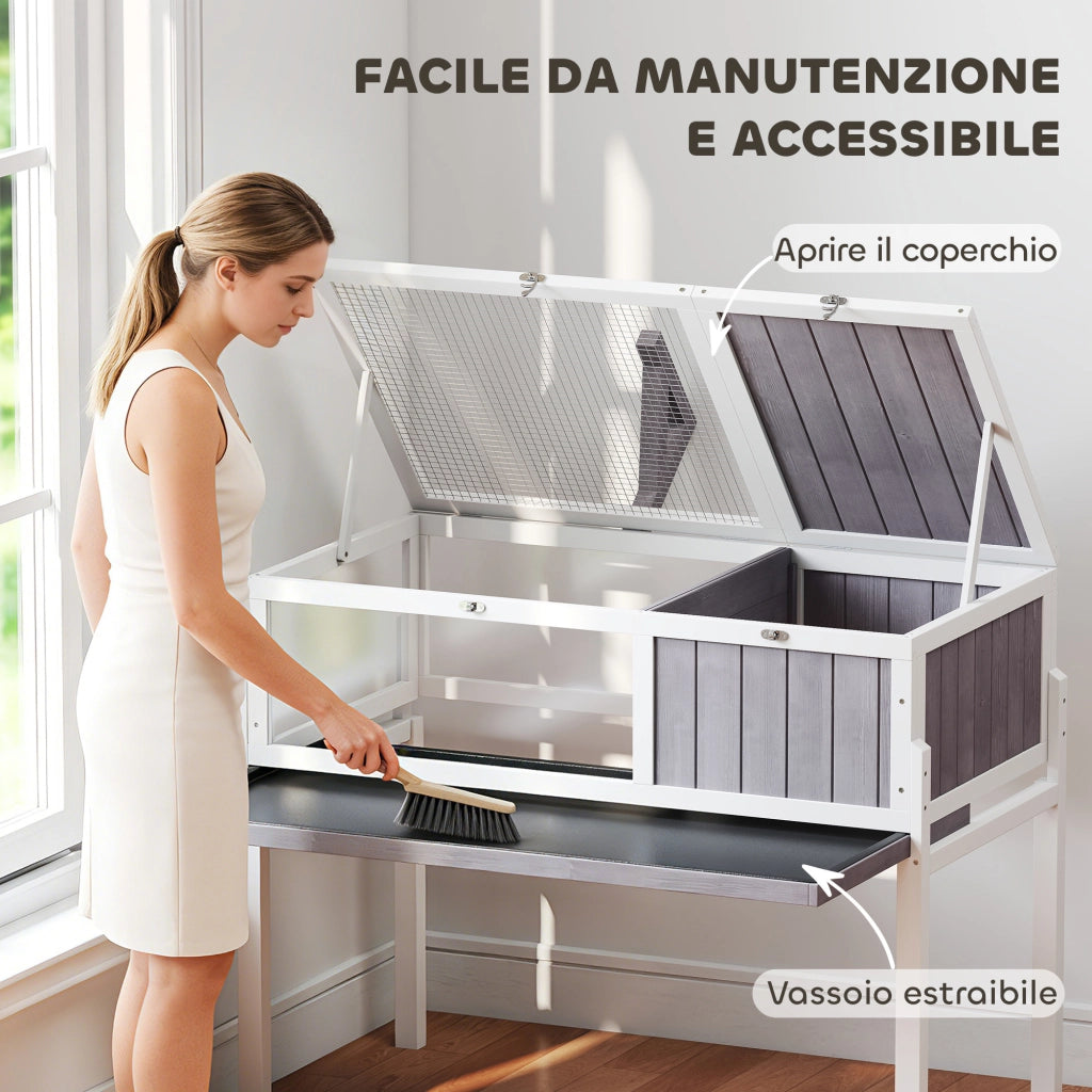 Casetta Tartarughe Rialzata 104x53x82 cm con Divisorio Vassoio Estraibile in Legno e PS Grigio e Bianco