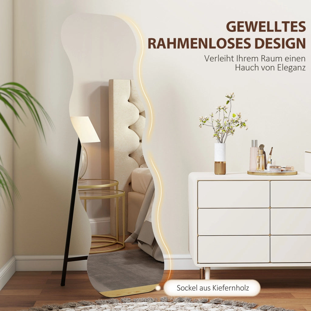 Specchio Corpo Intero Senza Cornice ¨C Zephmum ¨C Base in Legno, Forma Ondulata, Nero