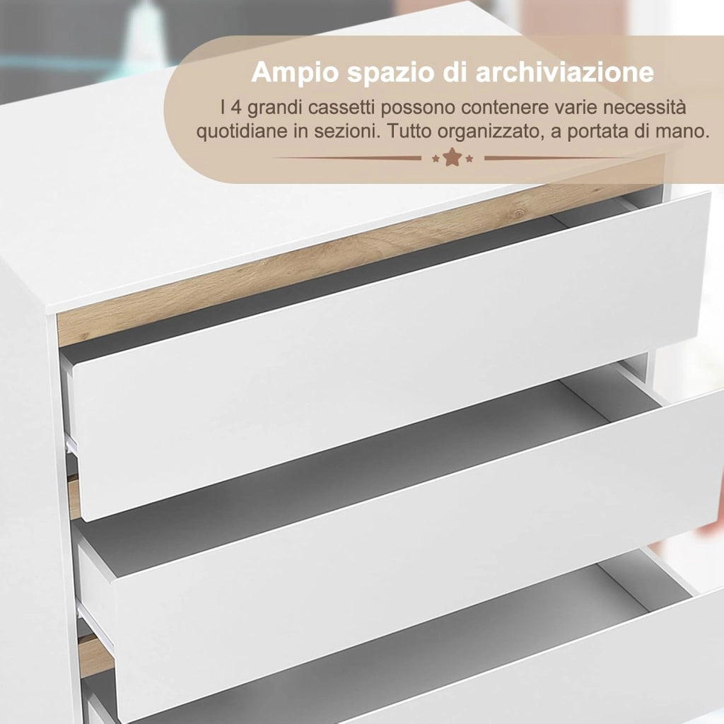 Mobile Fasciatoio per Bambini, Cassettiera con 4 Cassetti, Cassettone con Ripiano Fasciatoio Rimovibile, in Legno MDF e Truciolare, Bianco+Rovere