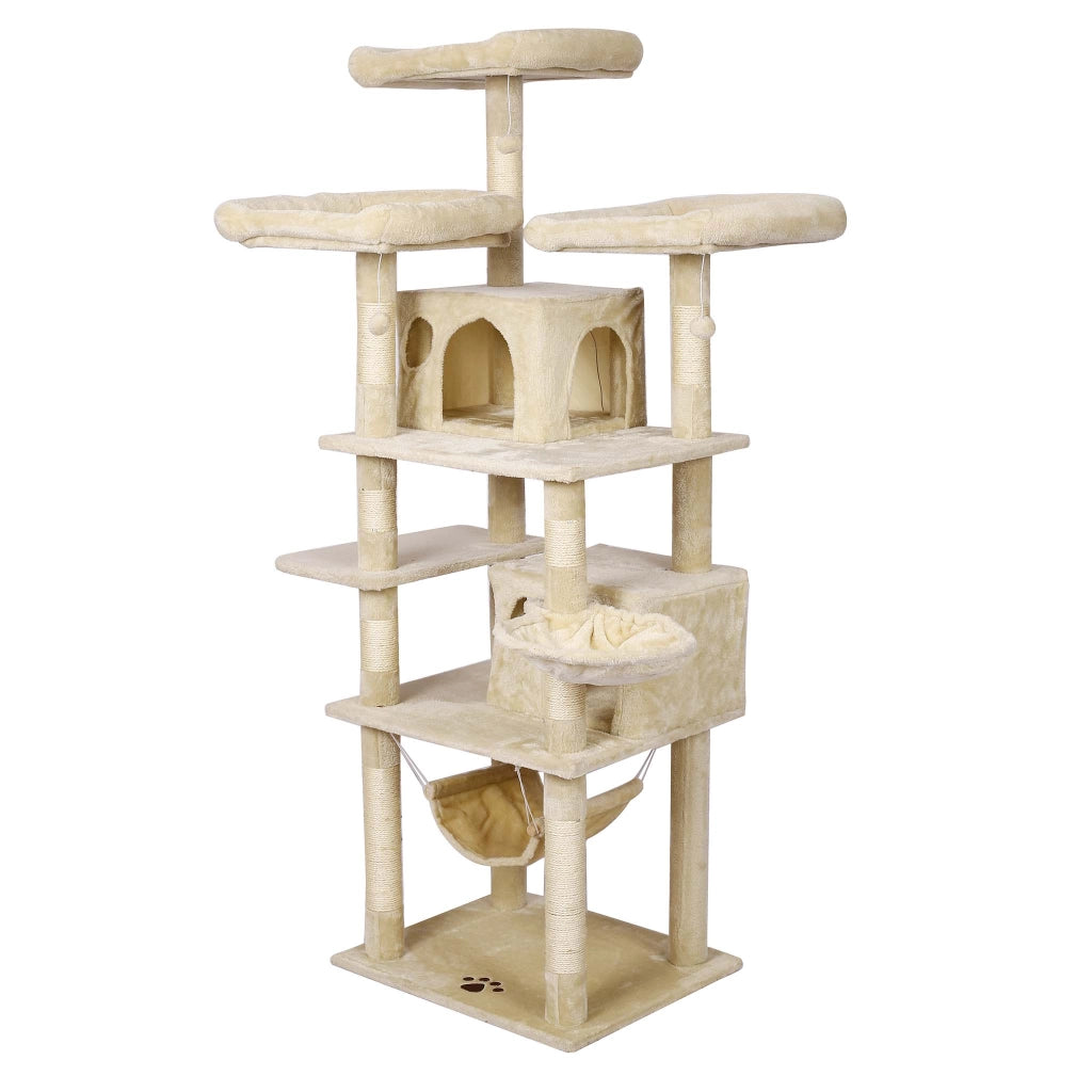 Albero tiragraffi beige con motivo a zampe 172cm Con amache, cucce per gatti e palline