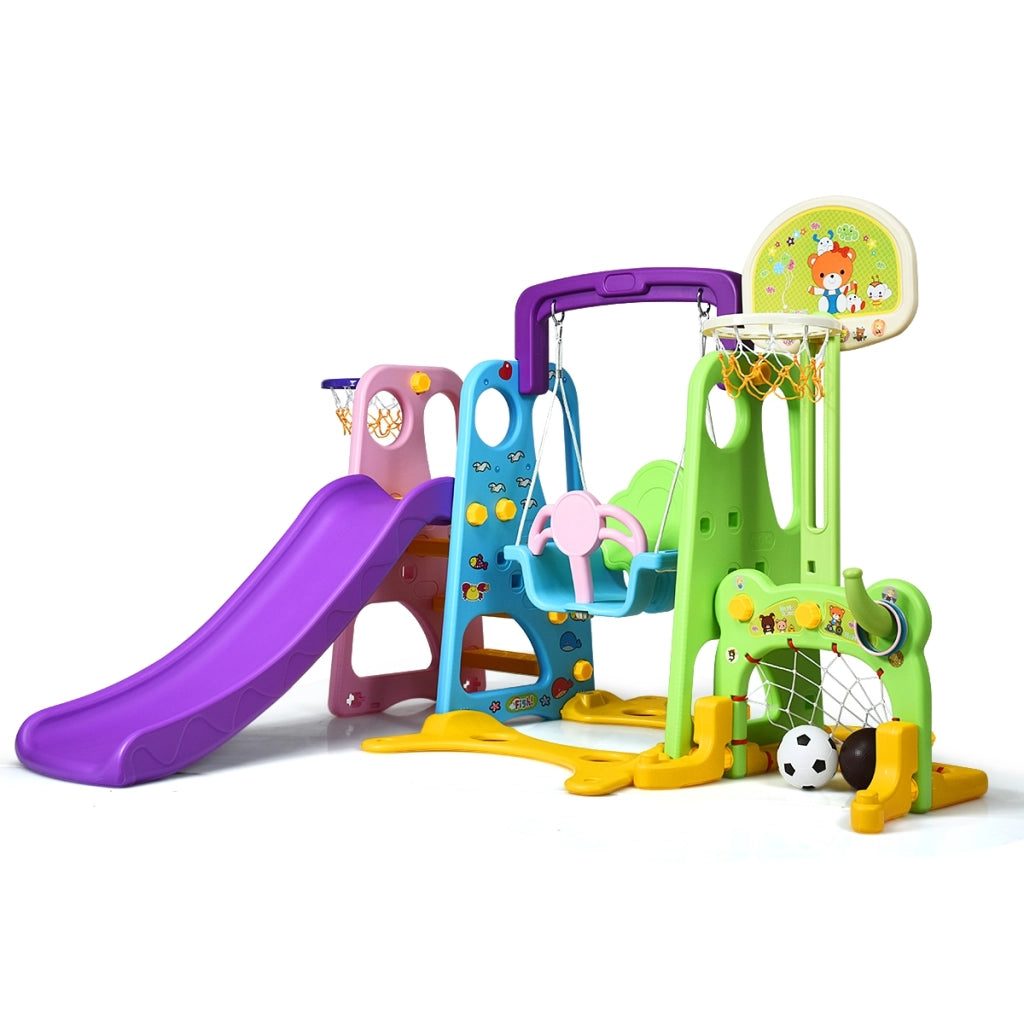 Set 6 in 1 scivolo canestro da basket, Set con altalena e muro per arrampicata-Arrampicate e scivoli