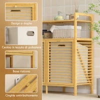 Mobile Portabiancheria con 2 Cesti da 41L e 2 Ripiani, in Bambù e Poliestere, 82x33x88 cm, color Legno e Crema