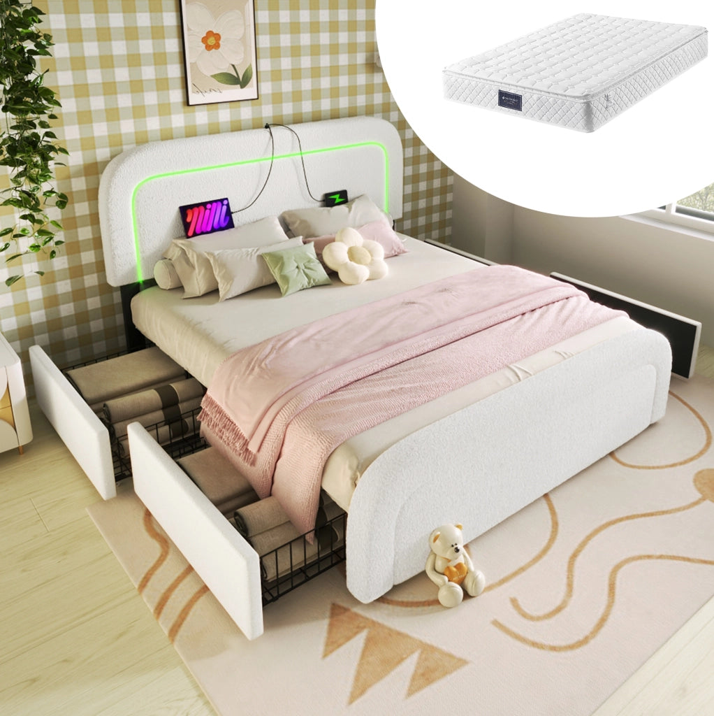 Letto imbottito 140x200 cm con materasso; USB Type-C; LED e 4 cassetti; Sherpa bianco