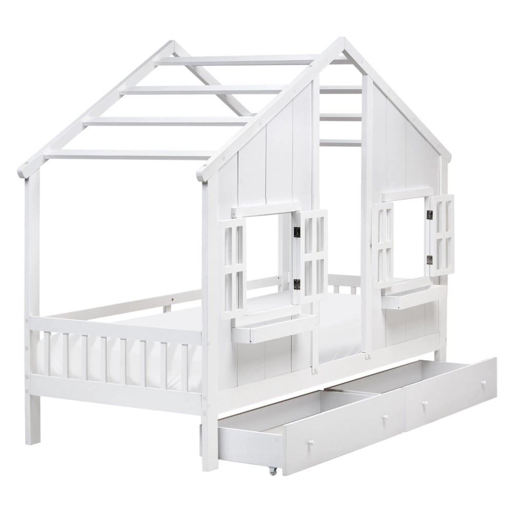 Letto in legno di pino per bambini a forma di casa con cassetti bianchi 90 x 200 cm cameretta