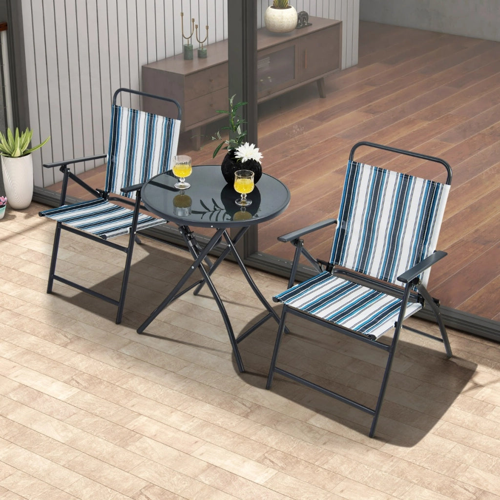 Tavolino e 2 sedie da esterno pieghevoli, Set mobili da giardino 3 pezzi con telaio robusto in metallo-Set mobili da esterno