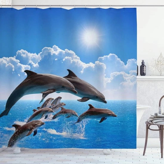 Douchegordijn con Disegno 3D di Delfino - Impermeabile e Resistente ai Funghi
