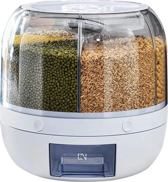 Dispensatore di Cibo Secco, Organizzatore per la Cucina, 6 Riga, 6 kg, Contenitore di Grano trasparente rotante 360°, Scatola di Stoccaggio Chiusa per Riso, Fagioli
