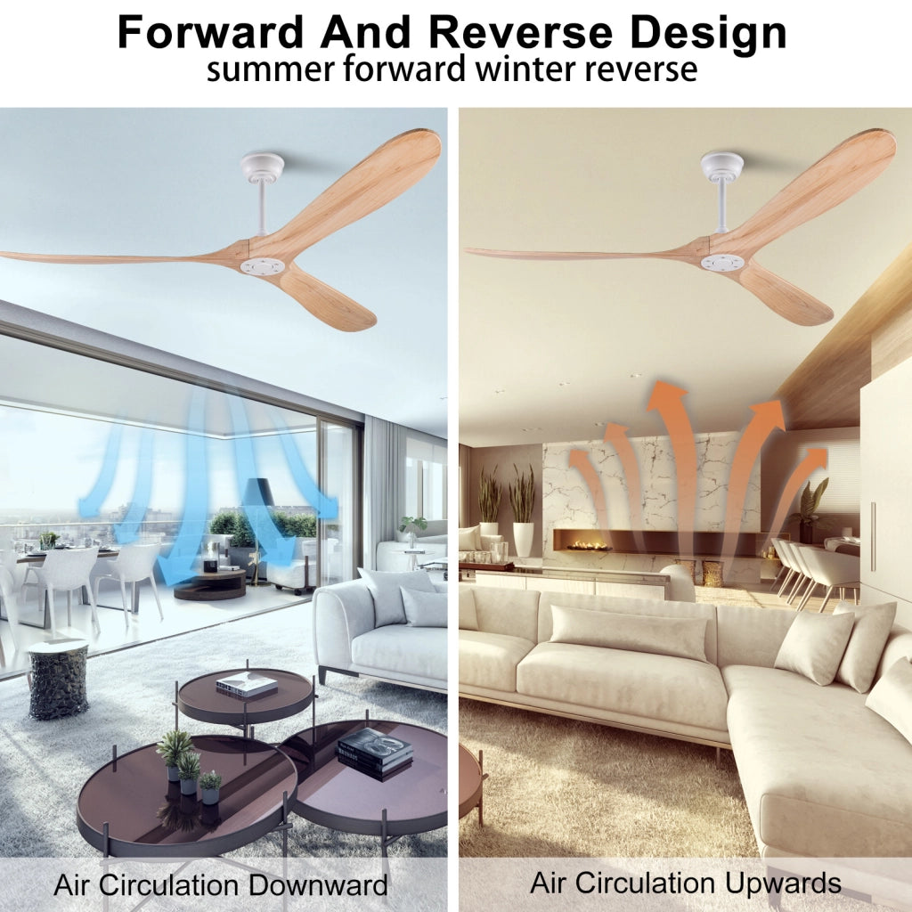 Ventilatore da soffitto senza luce con telecomando; 6 velocità; bianco e naturale