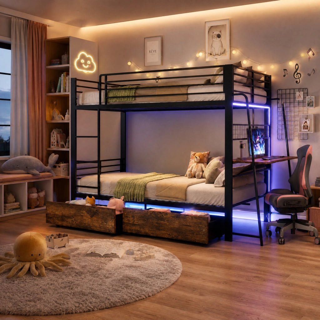 Letto a soppalco 90 × 200 cm con scrivania LED cassetti in metallo e MDF nero