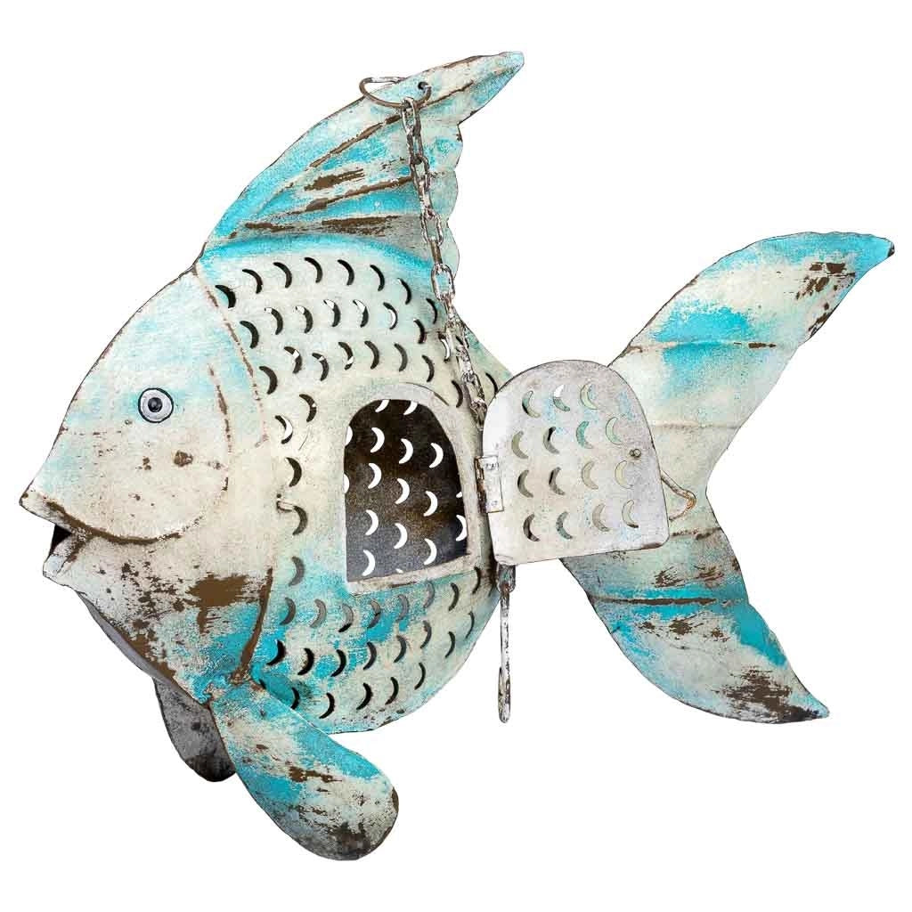 Portacandele in metallo invecchiato blu a forma di pesce, 56x10x42h cm