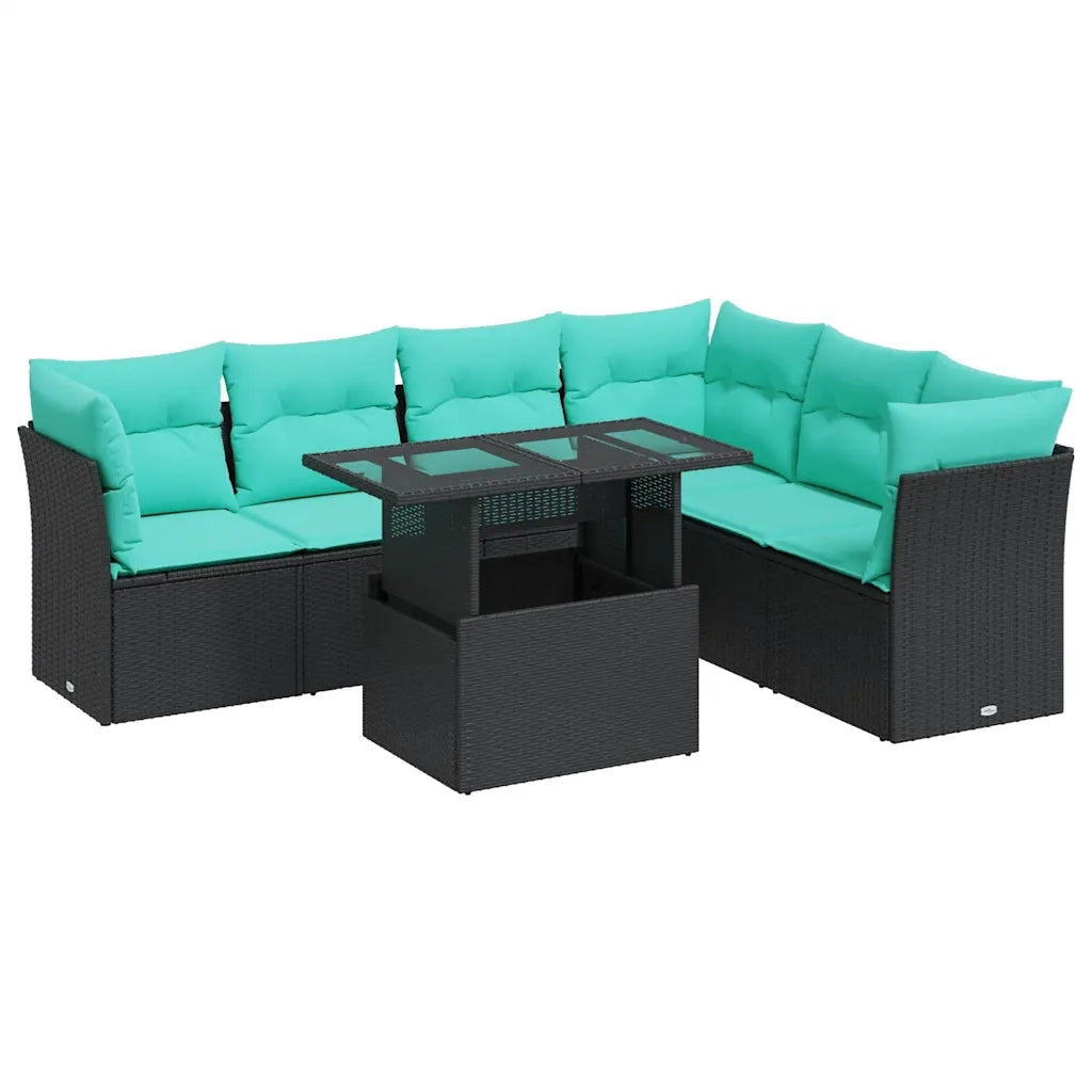 Set Divani Giardino 7 pz con Cuscini Nero Polyrattan Acacia
