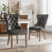 Set di 2 sedie imbottite in velluto con decorazioni in rivetti e anelli rotondi unici,da pranzo, 53,5×64×95 cm, Grigio