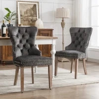 Set di 2 sedie imbottite in velluto con decorazioni in rivetti e anelli rotondi unici,da pranzo, 53,5×64×95 cm, Grigio